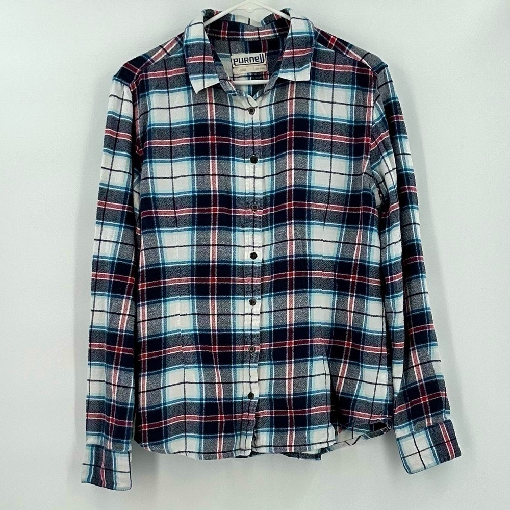 Purnell Women’s Flannel Button Down Shirt with Flower Buttons Size Large